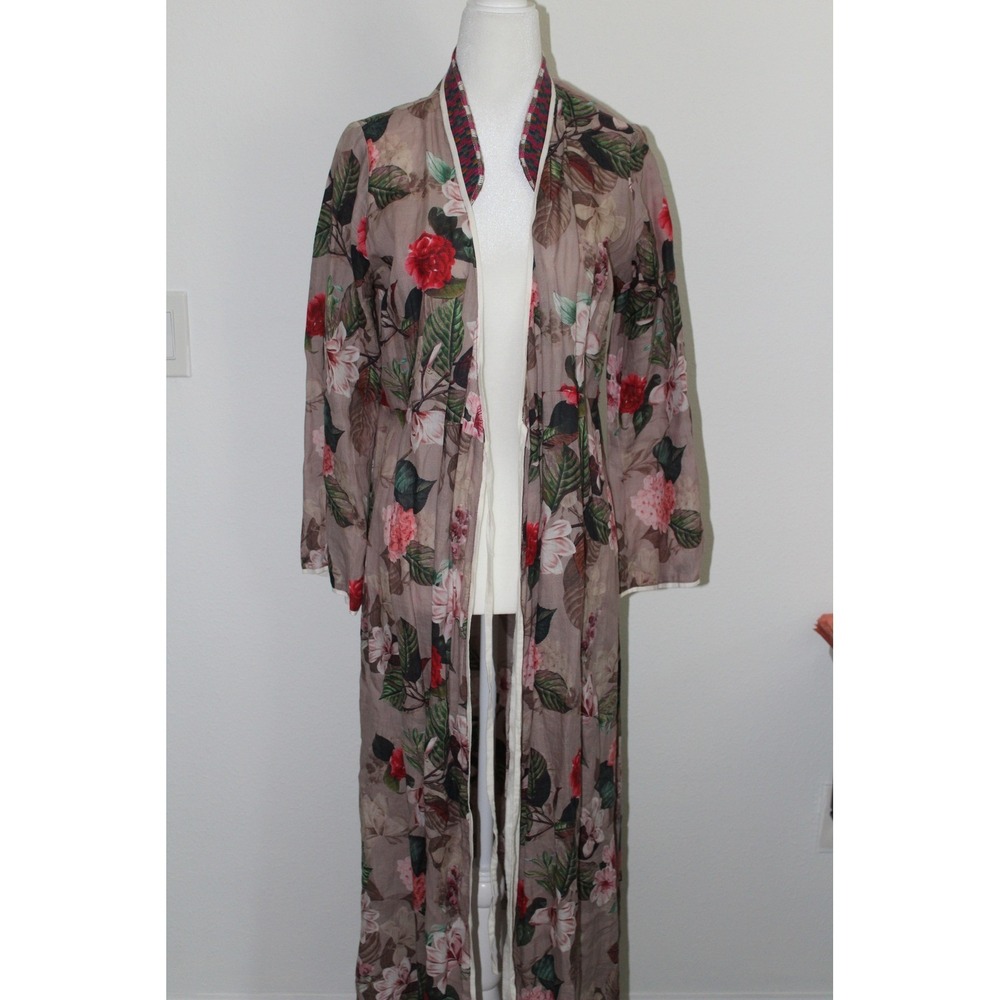 Johnny Was Floral Maxi Robe Kimonoβ Duster Wrap Dress Taupe Size Small Ramie